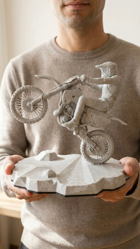 Escultura 3D personalizada de motocross con acabado efecto mármol